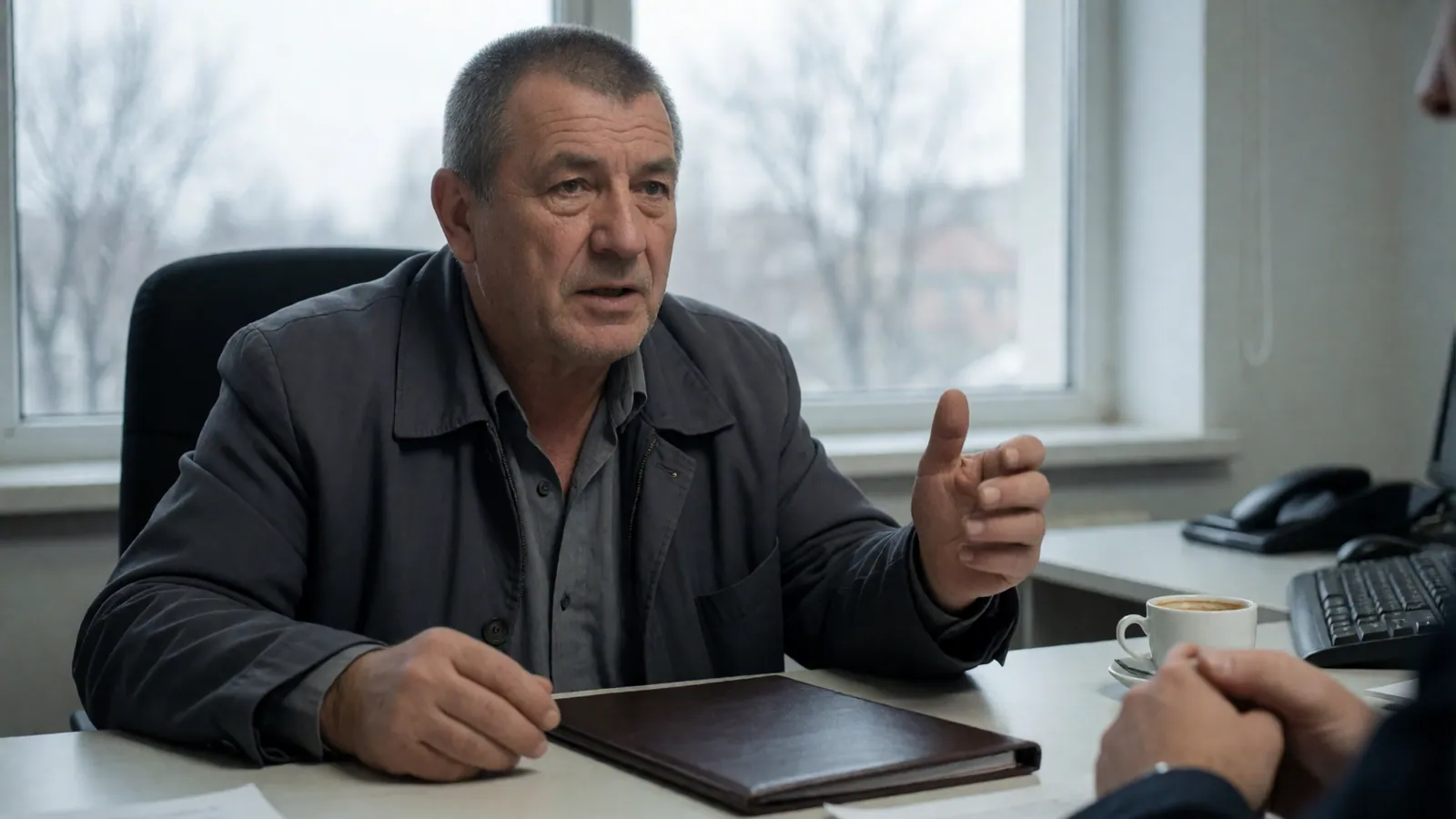 Мъж в работно яке на консултация при адвокат
